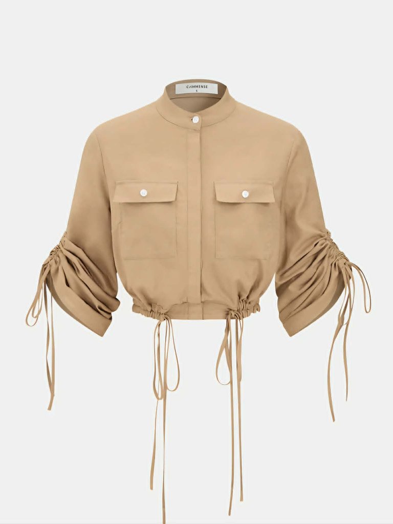 Linen-Cotton Drawstring Cropped Shirt - M